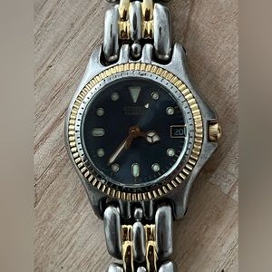 Citizen Ladies Watch Vintage Two-Tone Bracelet New Crystal Blue Round Dial Date